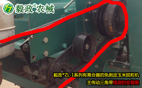 毅政牌ZL1系列有離合器的免剝皮玉米脫粒機(jī)，主傳動(dòng)三角帶錯(cuò)誤安裝